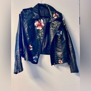Women's Floral Embroidered Faux Leather Moto Jacket
